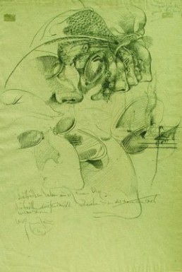 Gerresheim, Bert *1935 »Zeichnung zu Savonarola«, ohne Jahr Bleistiftzeichnung und Frottage auf bräunlich getöntem Velin 40 x 27,5 cm Courtesy Sammlung Kalkmann, Bodenburg